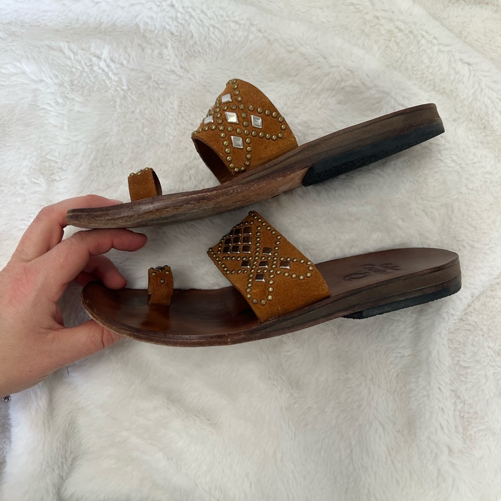 Embellished Tan Leather Sandals - Picture 6 of 10